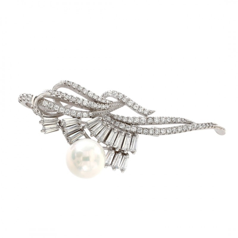 БРОШКА СРЕБРО 925 С РОДИЕВО ПОКРИТИЕ С ЦИРКОН И ПЕРЛА MAYORKA